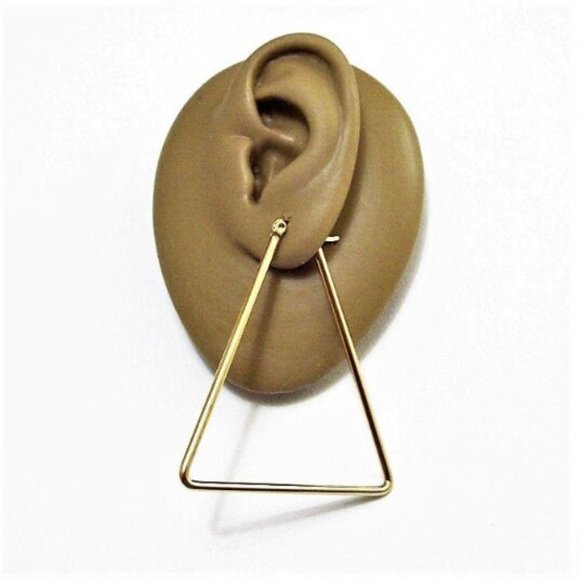 Triangle Thin Tube Hoop Pierced Post Stud Earrings Gold Tone 2 1/8" 55mm Open Lo - Picture 9 of 9